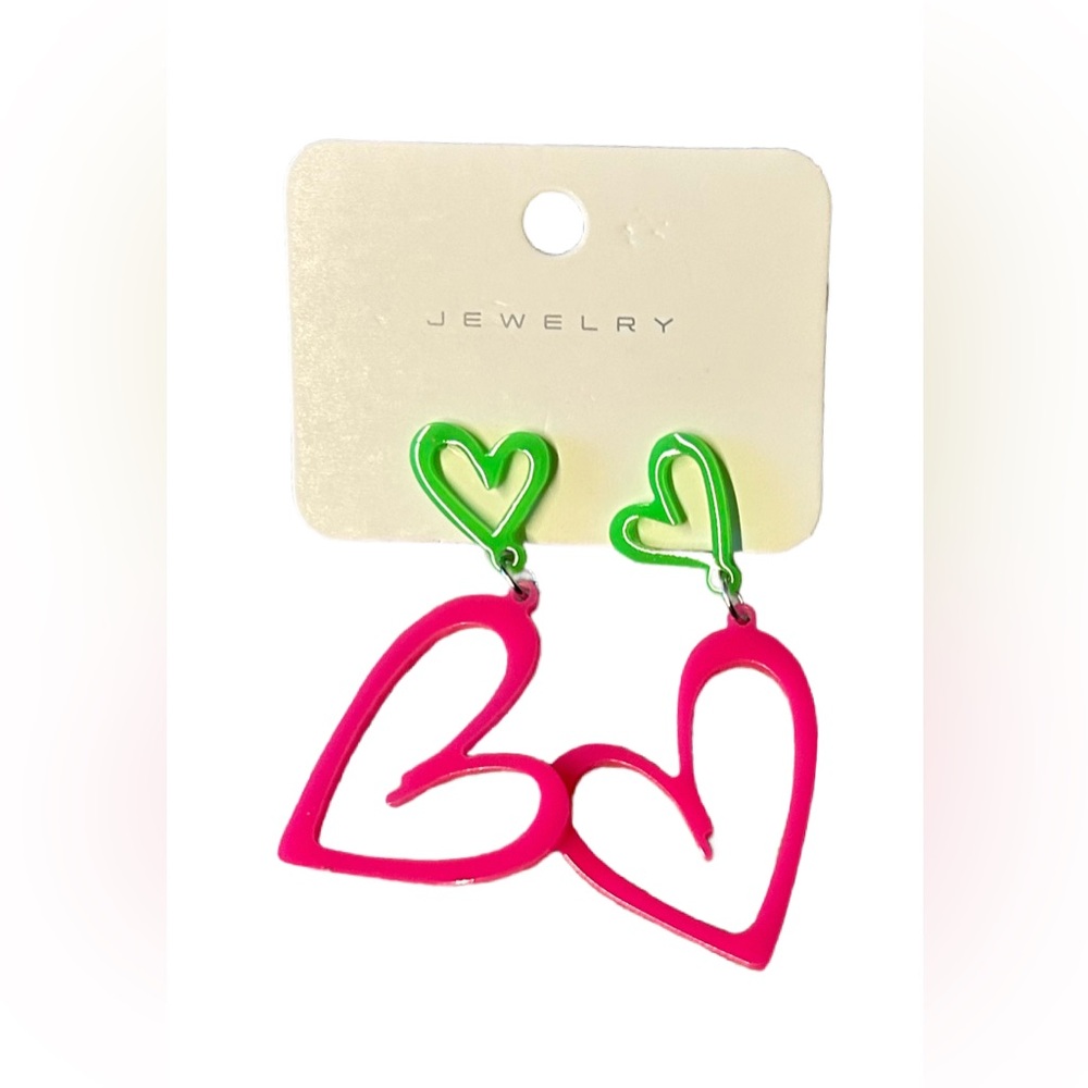 Bright Pink & Green Heart Dangle Earrings